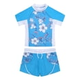 thumbnail image 1 of CHICTRY Kids Girls Rash Guard Swimsuit 2Pcs Sets Floral Print Short Sleeve Shirt with Booty Shorts Tankini Blue 14, 1 of 7