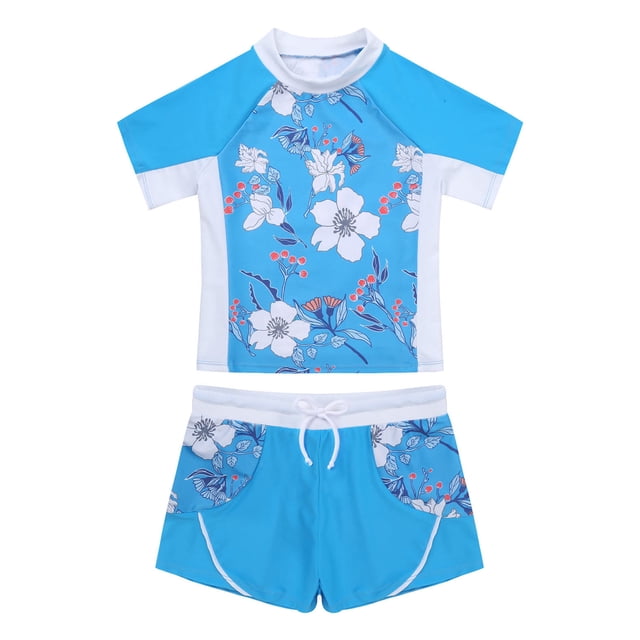 CHICTRY Kids Girls Rash Guard Swimsuit 2Pcs Sets Floral Print Short Sleeve Shirt with Booty Shorts Tankini Blue 14