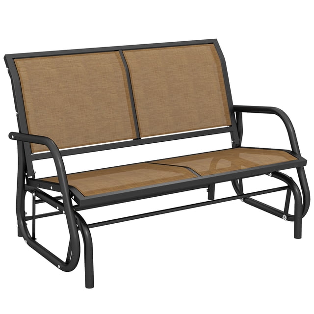 Outsunny Double Glider Outdoor Banc à Bascule d'Extérieur en Acier avec Tissu Sling Brun et Cadre en Acier Gris Foncé. Ce Banc à Bascule d'Extérieur Présente une Ventilation, une Assise et un Dossier en Maille de Tissu Sling Résistants aux Intempéries, des Accoudoirs Berçants Courbés et un Cadre Robuste Pouvant Supporter jusqu'à 440 Lb. Conçu pour des Sièges pour Deux Personnes, Idéal pour patios, Jardins et Vérandas.