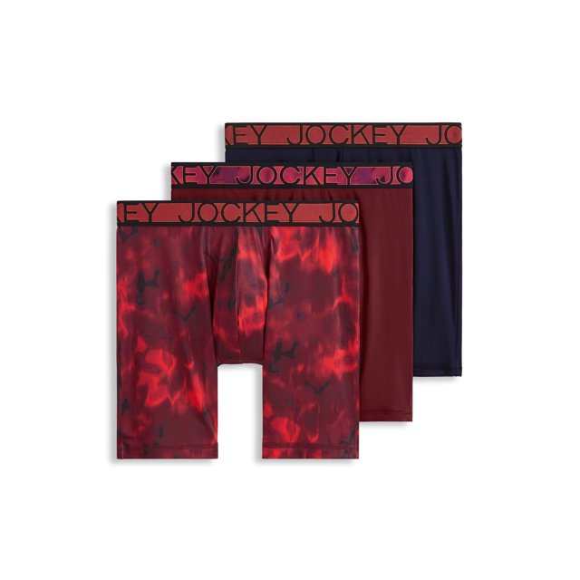 Jockey Men's Active Microfiber 9" Long Leg Boxer Brief - 3 Pack designed for sportswear and baseball protective gear. Features mid-rise, full coverage design with StayNew technology, moisture-wicking, and anti-odor fabric. Includes three boxer briefs in red patterned, solid burgundy, and navy colors, each with a keyhole fly and tag-free waistband. Made with 90% recycled polyester for lightweight comfort and durability.