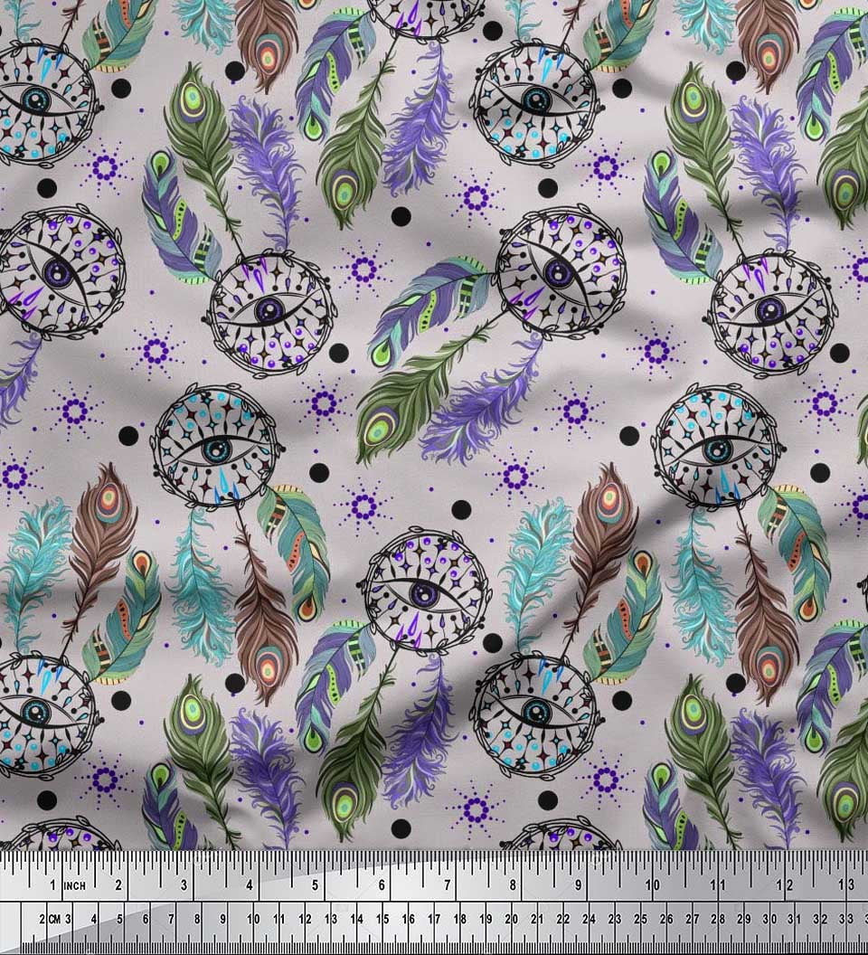 Soimoi Polyester Crepe Fabric Eye,Dot & Peacock Feather Print Fabric by The Yard 52 Inch Wide