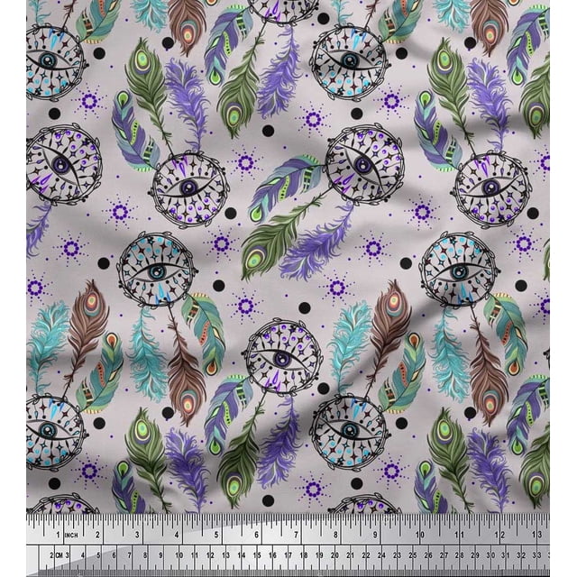Soimoi Polyester Crepe Fabric Eye,Dot & Peacock Feather Print Sewing Fabric Yard 42 Inch Wide