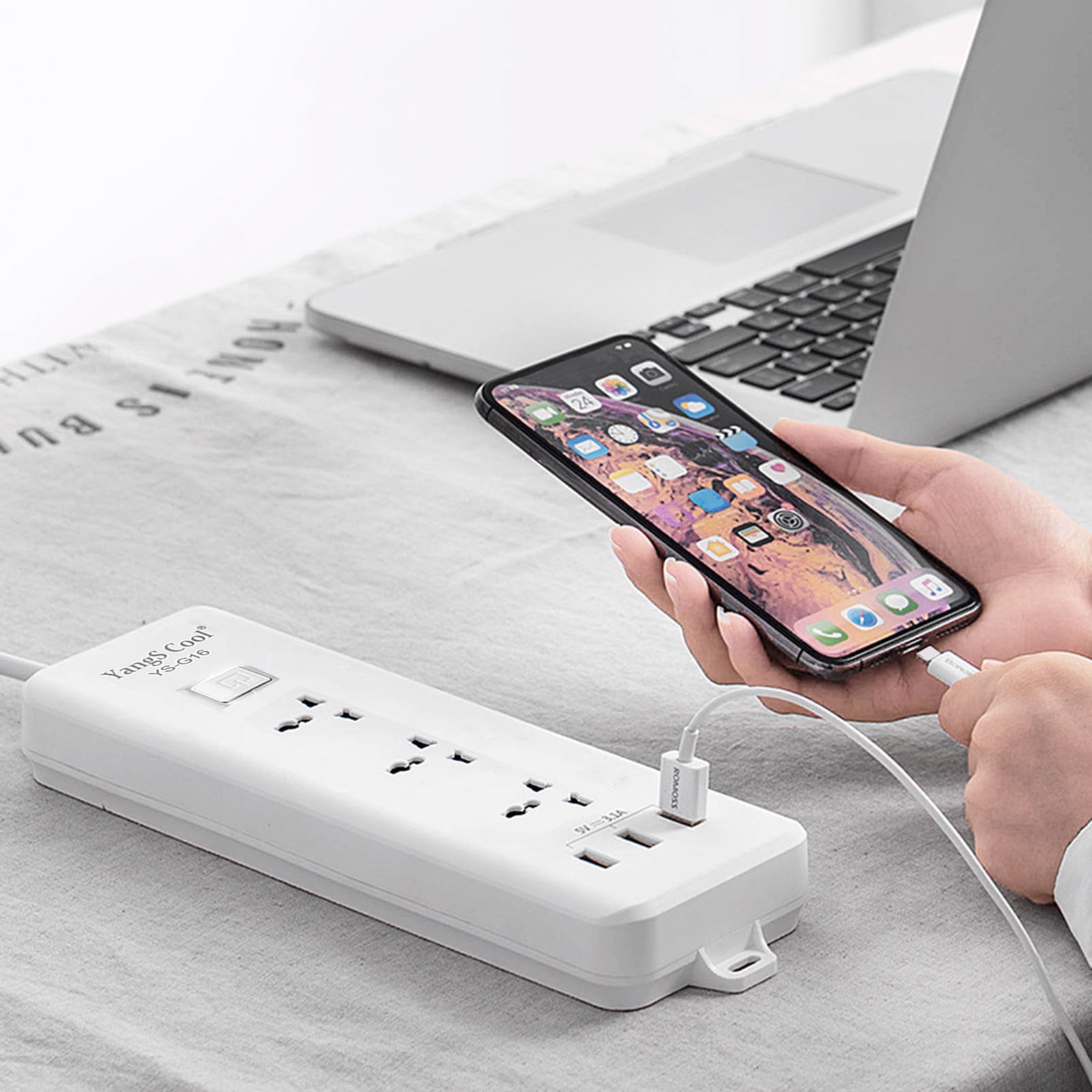 White Smart Power Strip with 3 AC Outlets and 3 USB Ports, 6.6 Ft Extension Cable, Fast Charging Adapter for Home and Office Use