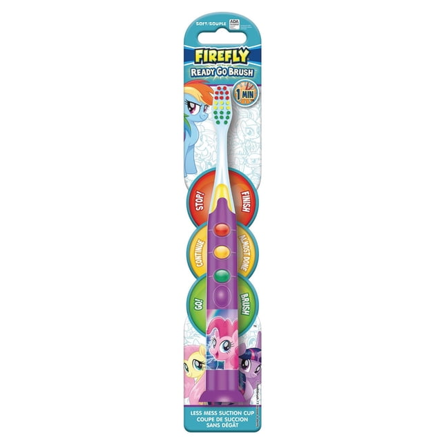 Firefly® Ready Go Brush My Little Pony Brosse à Dents de Film - Souple avec Manche Violet Mettant en Vedette les Personnages My Little Pony et des Poils Souples Multicolores, Conçue comme une Brosse à Dents Manuelle pour Enfant avec Minuterie Lumineuse de 1 Minute et base à Ventouse pour Encourager des Soins Buccodentaires Appropriés.