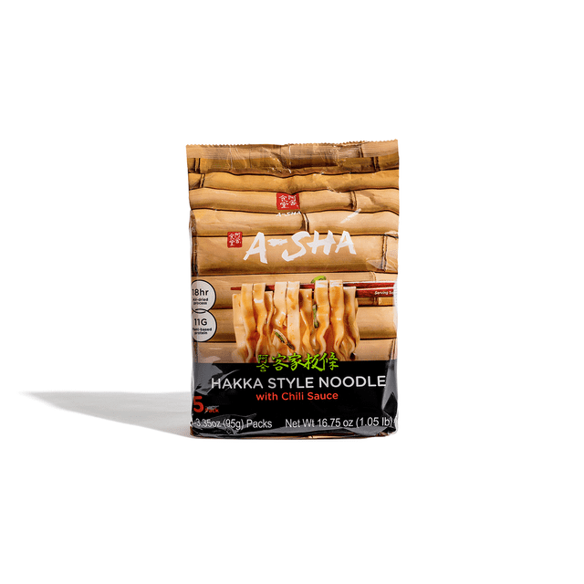 A-Sha Hakka Noodle Chili (Mala) Sauce package with five 95g air-dried packs of wide Hakka style noodles and chili sauce, featuring bamboo background design and nutritional highlights of 18-hour air-dried process and 11g plant-based protein per serving, ideal for authentic and nutritious instant ramen meals.