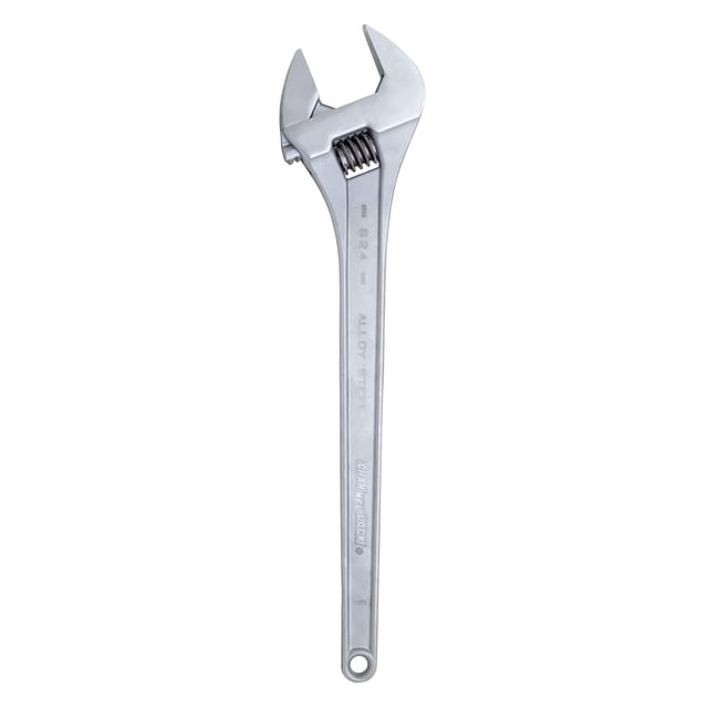 CHANNELLOCK 24" Adj Wrench forged from chrome vanadium alloy steel with a silver chrome finish, featuring a wide adjustable jaw with 2.44 inch capacity and a tapered handle engraved with brand and model, designed for hand tool use in tight spaces.
