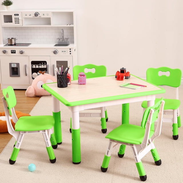 Ourlova Modern Kids Adjustable 31.5" Table and 4 Chair Set with Non-Slip Desk Legs & Graffiti Desktop Preschool Activity Kids Table Set