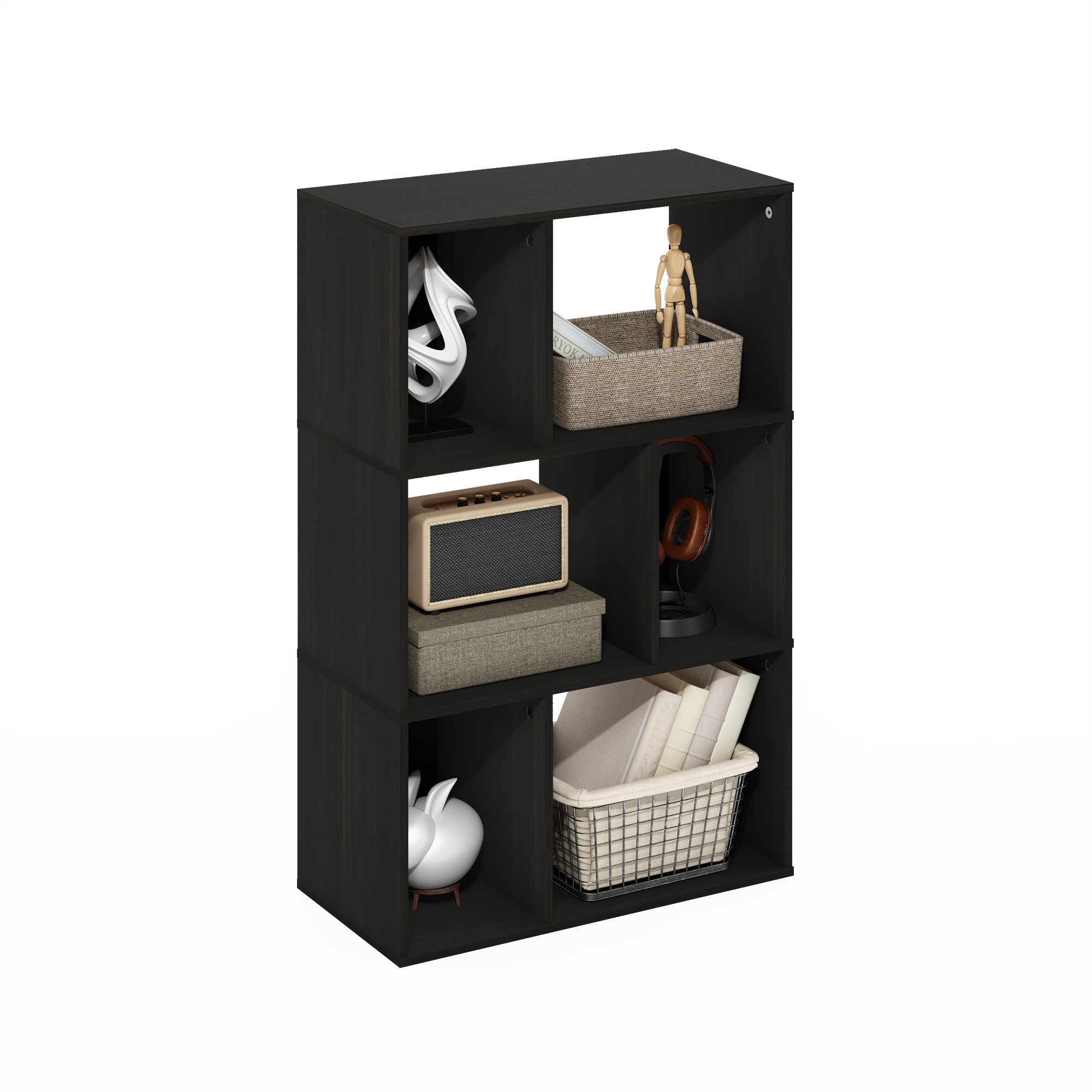 Furinno Daly 6-Cube Bookshelf, Black Book Shelf, Cube Storage Organizer Bookcase with Irregular Compartments, 11.7 x 23.6 x 36.8, for Living Room, Bedroom, Home Office, Plain White