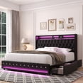 thumbnail image 3 of Homfa King Size LED Bed Frame with Outlets and USB Ports & Display Platform, 4 Storage Drawers Modern Wingback PU Leather Crystal Button Upholstered Platform Bed Frame, Black, 3 of 8