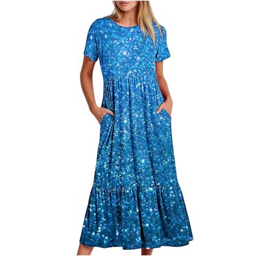 Penkiiy Women Tie-dyed Print Short Sleeve Dress Loose Plain Casual Summer Flowy Tiered Long Maxi Dresses with Pockets L Watermelon Red