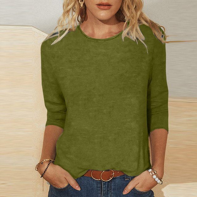 Meichang T-Shirts à Manches 3/4 pour Femmes, Col Ras du Cou Uni, Blouses Décontractées de Travail, Coupe Ample, Grande Taille, T-Shirts Basiques, Vert Armée, TTTG