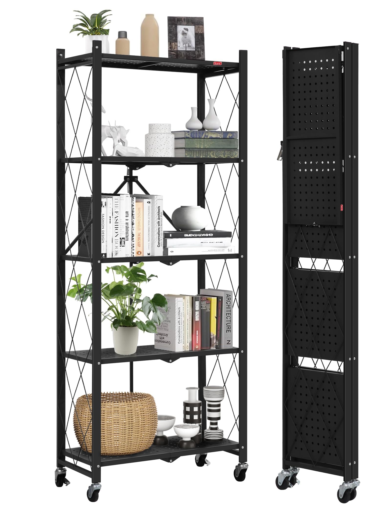 DEANIC 5-Shelf Folding Bookcase with Wheels, Rolling Bookshelf Heavy Duty Storage Shelves, Freestanding Metal Wire Shelving Unit for Living Room, Office, Kitchen, Basement, Pantry (Black)