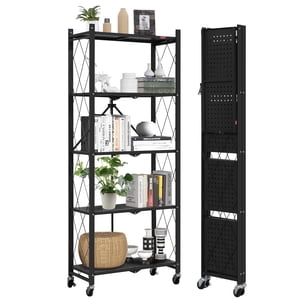 DEANIC 5-Shelf Bibliothèque pliante avec roues, étagères de rangement à rouleaux, étuves en métal pour le salon, bureau, cuisine, sous-sol, garde-manger (noir)