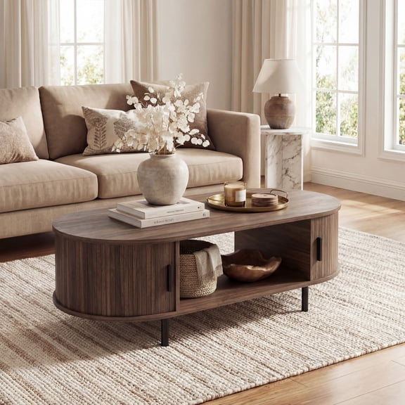 Giantex Table Basse, Table Centrale Ovale pour Salon, Table d'Appoint en Bois Style Mi‐siècle, Noyer