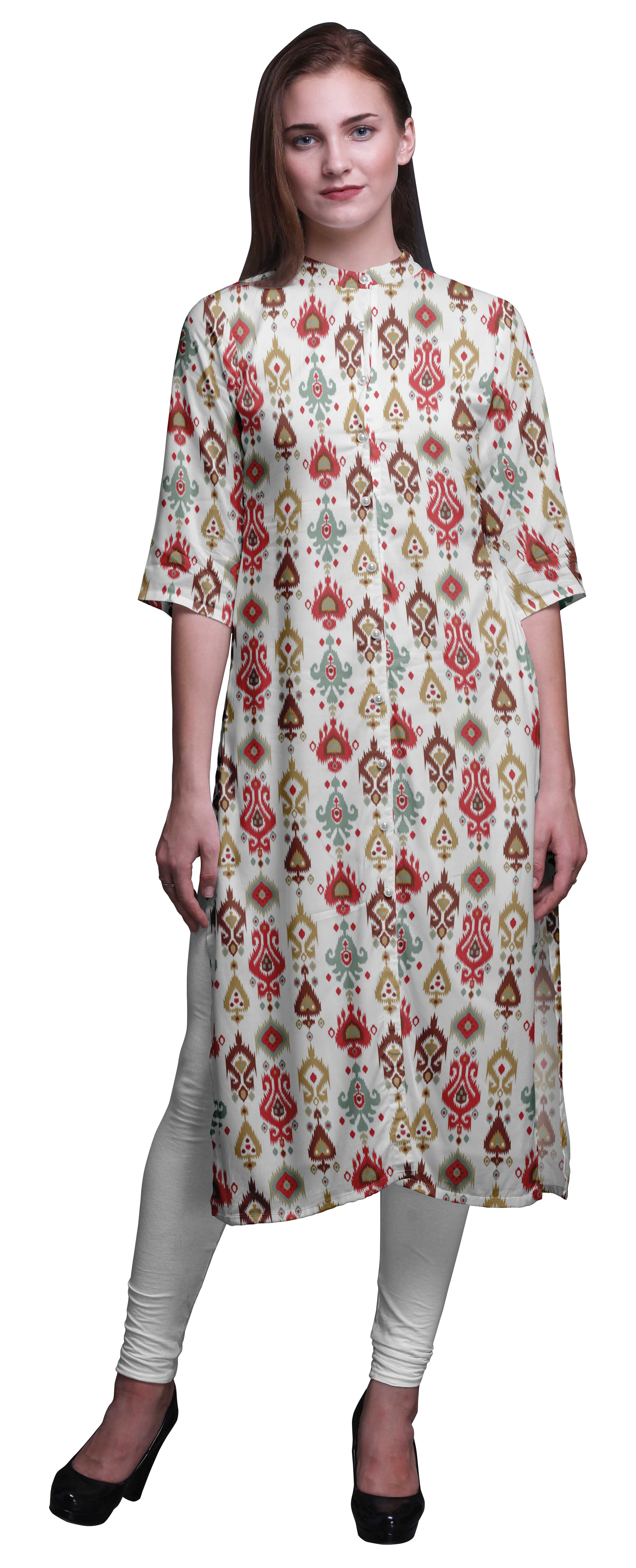 Bimba Printed Button Down Straight Tunic Dresses For Women Kurti Medium