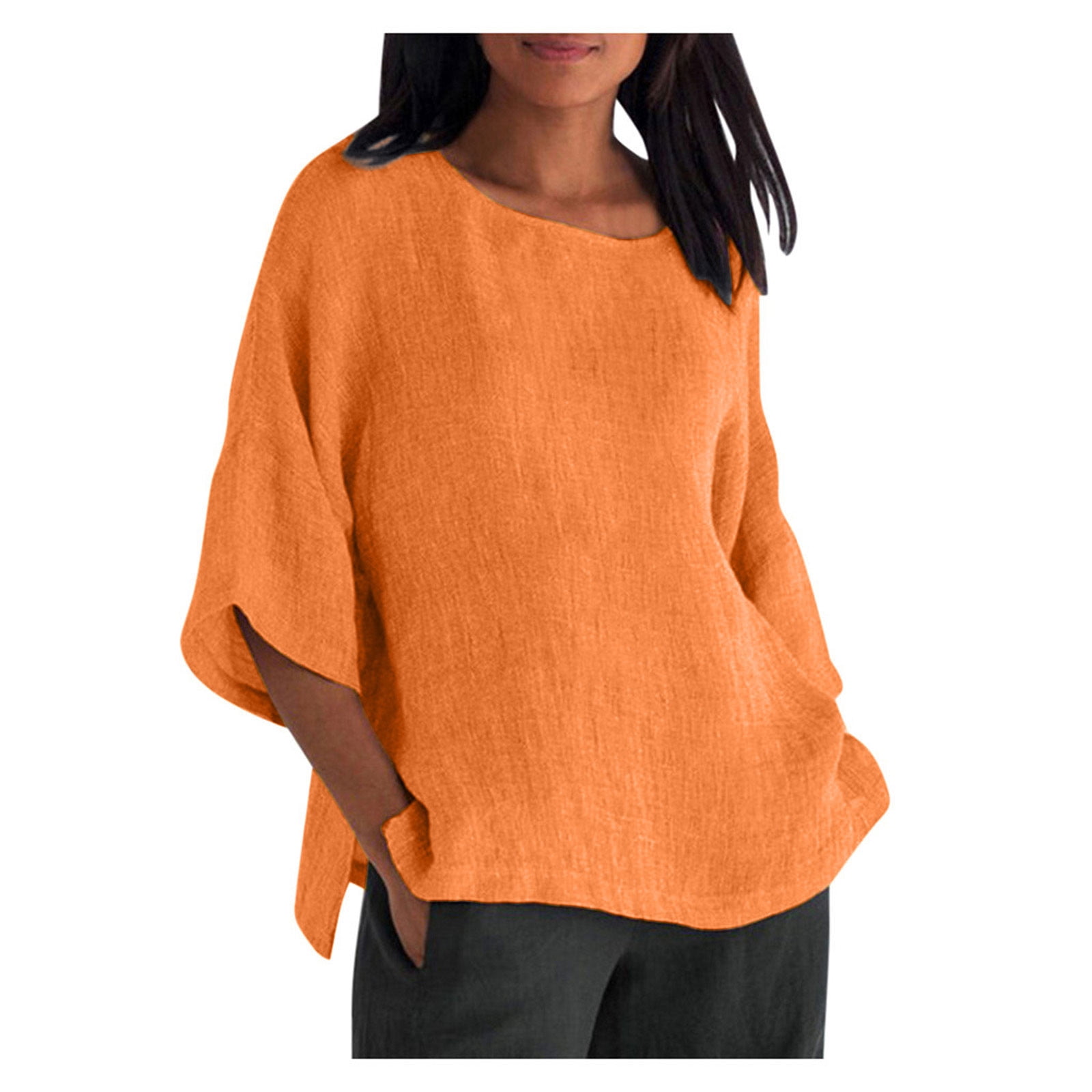 Womens Summer Fashion Cropped Sleeves Round Neck Cotton Line Loose Shirt Blouse