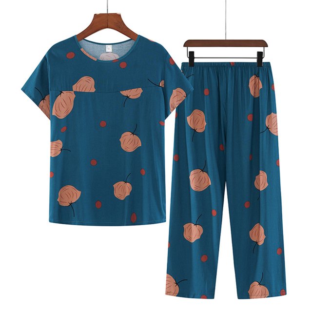 Weiqiqre Ensembles de Pyjama pour Femmes 2 Pcs Tenues en Lin Manches Courtes Imprimé Floral Ensembles de Détente Col Ras du Cou Complets d'Été