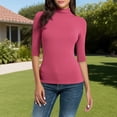 thumbnail image 2 of T-shirt à Col Montant pour Femme 2025 - Manches Mi-Longues Extensible / Haut Ajusté Style Bureau Décontracté, 2 of 9