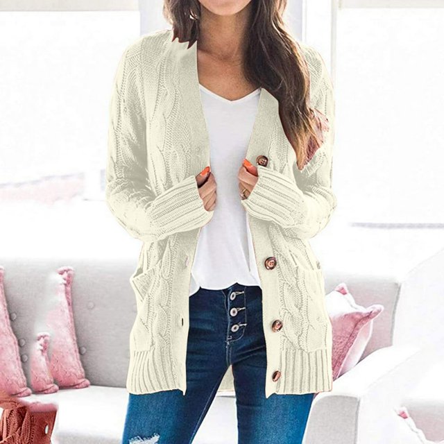 Women Winter Sweater Cardigan Long Sleeve Open Front Button Down Knitwear Coat With Pocket