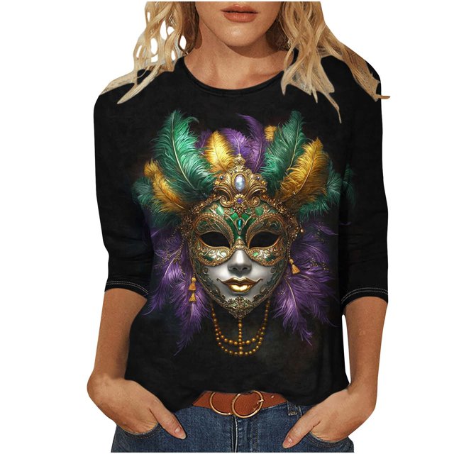 Penkiiy T-shirt Blouse pour Femme Mardi Gras Mode Imprimé Décontracté Col Rond Manches 3/4 2TG Multicolore