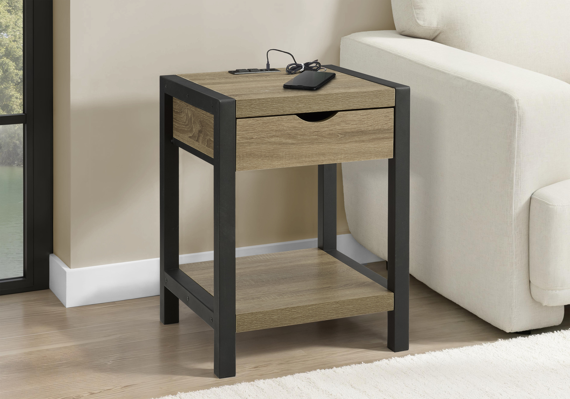 Monarch Specialties - Table D'Appoint, 24"H, 2 Niveaux, Bout, Table D'Appoint, Table De Nuit, Lampe, Tiroir De Rangement, Stratifié Taupe Foncé, Métal Noir, Contemporain