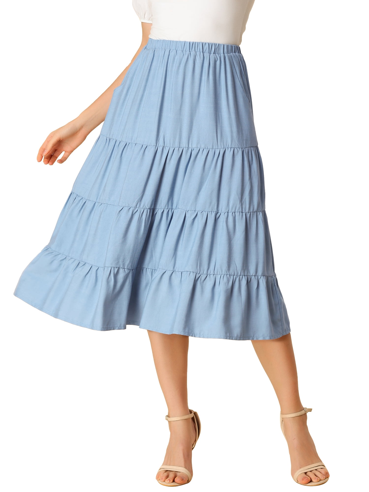 Unique Bargains Jupe Midi Longue Évasée à Volants pour Femme avec Poches, Bleu, TP