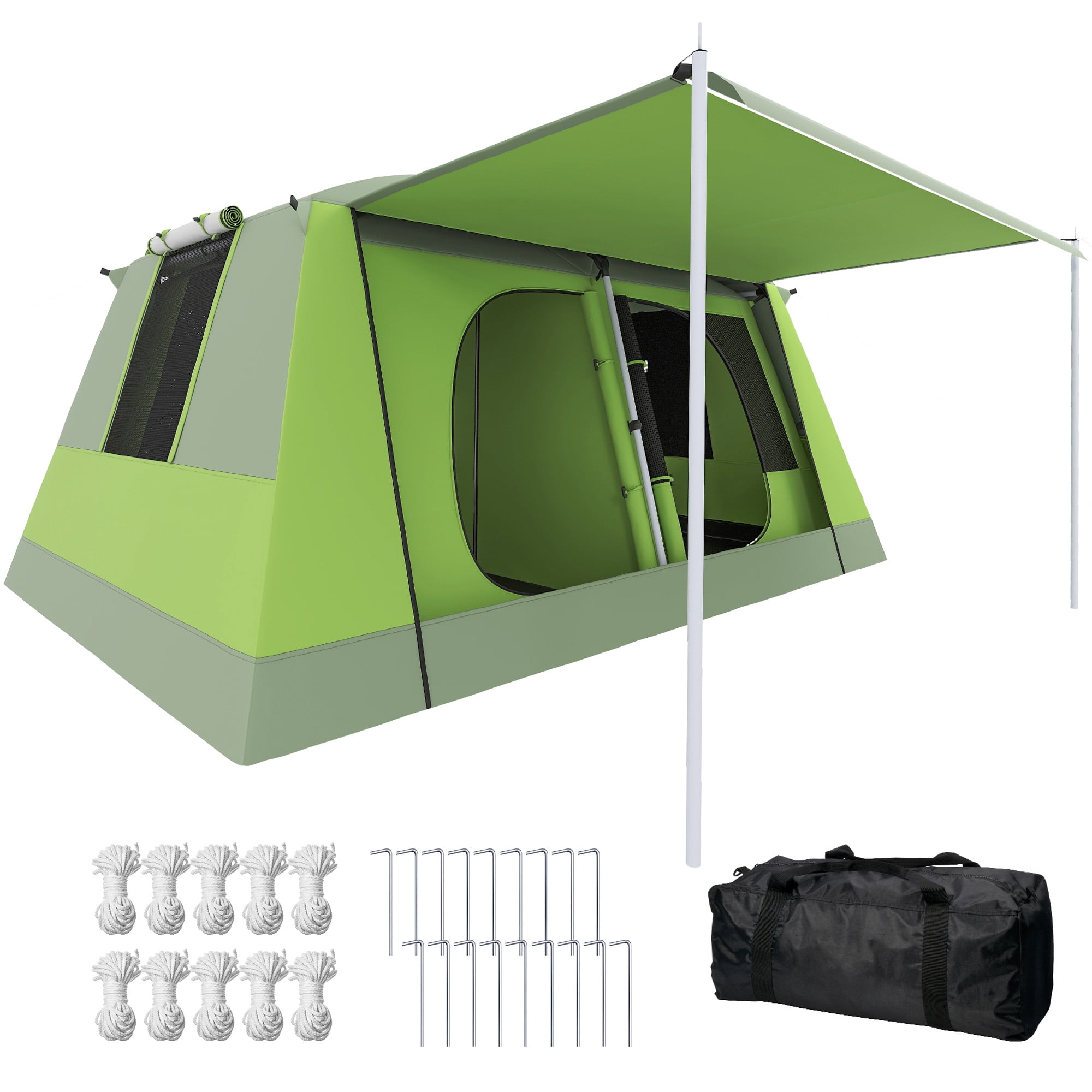Outsunny 4-8 Person Camping Tent, 2-Room Dome Tent with Porch, Green