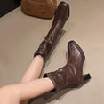 thumbnail image 4 of Coffee Mid Calf Boots For Ladies Pointed Toe Rear Zipper Chunky Heel High Heel Pleated Winter Casual Shoes For Cold Weather Outings Size 37, 4 of 5