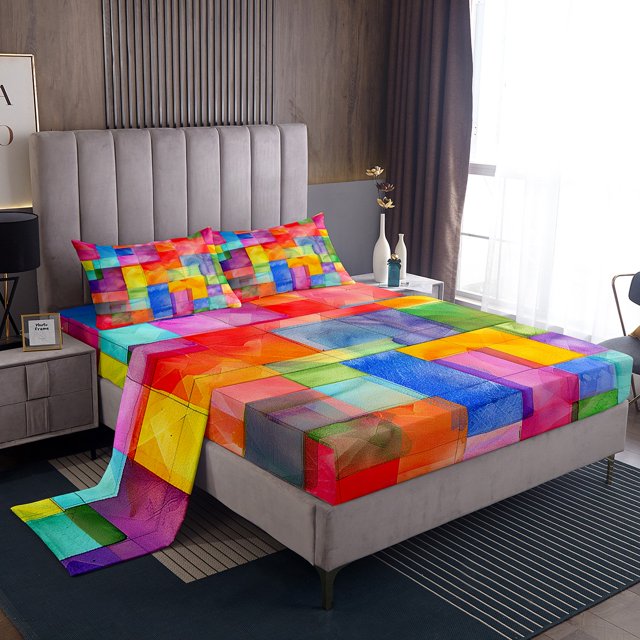 YST Rainbow Fitted Sheet,Colorful Geometry Bed Sheets,Tie Dye Plaid Pattern Sheet Set,Modern Abstract Art Style Bed Sheet Set Fitted Sheet + Flat Sheet + 1 Pillow Case,Twin Size 3Pcs
