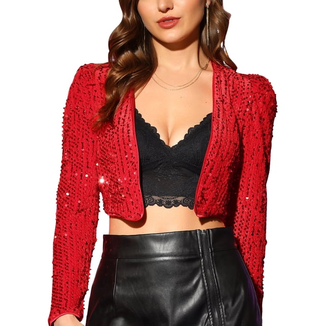 INSPIRE CHIC Boléro Court à Paillettes Brillantes pour Femme, Manches Longues, Ouvert à L'Avant, L Rouge
