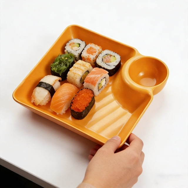 Todaioua Assiette à Dumplings Style Japonais avec Plateau à Trempette, Plat de Service en Plastique Réutilisable pour Sushi, Assiette à Compartiments Divisés pour Collations hors-D'œuvre, Vaisselle de Fête Style Bento pour la Maison, la Cuisine et la Salle à Manger