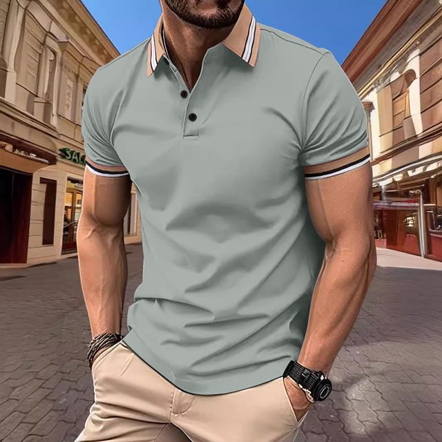 Shirts for Men, Mens Patchwork Fallow Button Round Neck Sports Short Sleeve Shirt