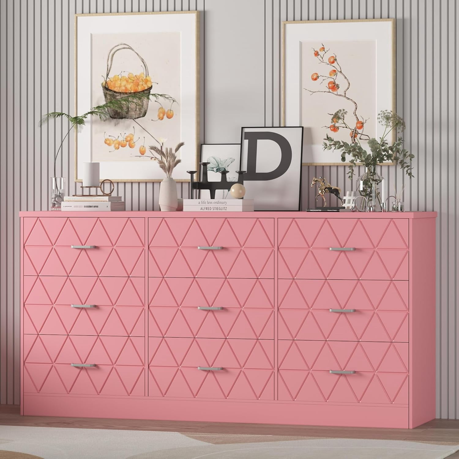 9 Drawer Dresser, 63 in Dresser for Bedroom with Power Outlet, Wide Drawer, Dressers & Chests of Drawers, Storage Organizer for Hallway, Living Room, Pink