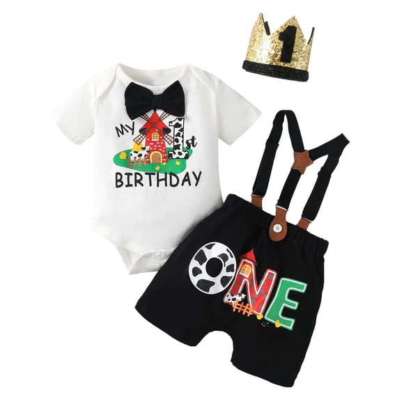 Baby Boy Birthday Outfit 1st Birthday Outfit Boy Farm 1st Birthday Outfit (Black-Short 12-18 Months)