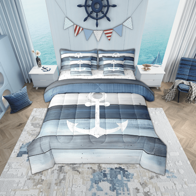 Erosebridal Ensembles de Literie Vintage à Ancre Format Simple, Ensembles de Douillette à Rayures Bleues Rustiques avec Draps, Déco de Chambre Nautique, Réversible 7 Pcs