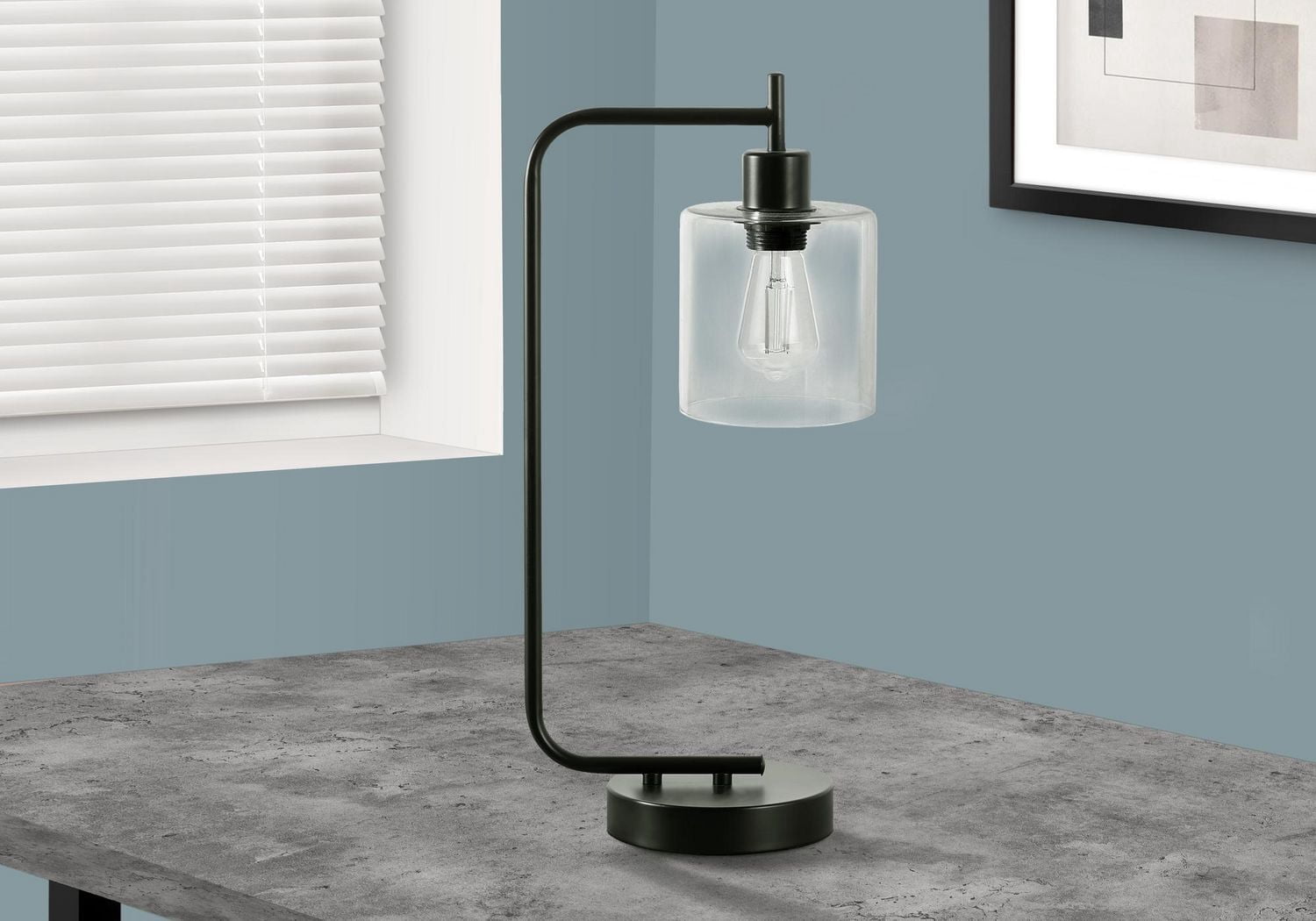 Monarch Specialties  Luminaire, 20"h, Lampe De Table, Port Usb Inclus, Béton Noir, Ombre De Verre, Moderne