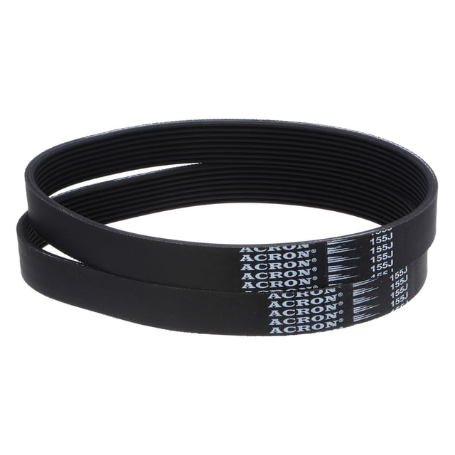 Unique Bargains 155J8 PJ V-Ribbed Belt 8 Ribs 15.5' Length x 0.74' Width, EPDM Industrial Transmission Serpentine Belt 2 Pack centered view of two coiled black EPDM multi-rib belts showing eight V-shaped ribs and ribbed texture; 0.74" (18.72 mm) width, 0.14" (3.5 mm) thickness, 15.5" (393.7 mm) outer circumference per specs, fiber-reinforced construction suitable for industrial transmissions and often used on small compressors, pumps and power tools.