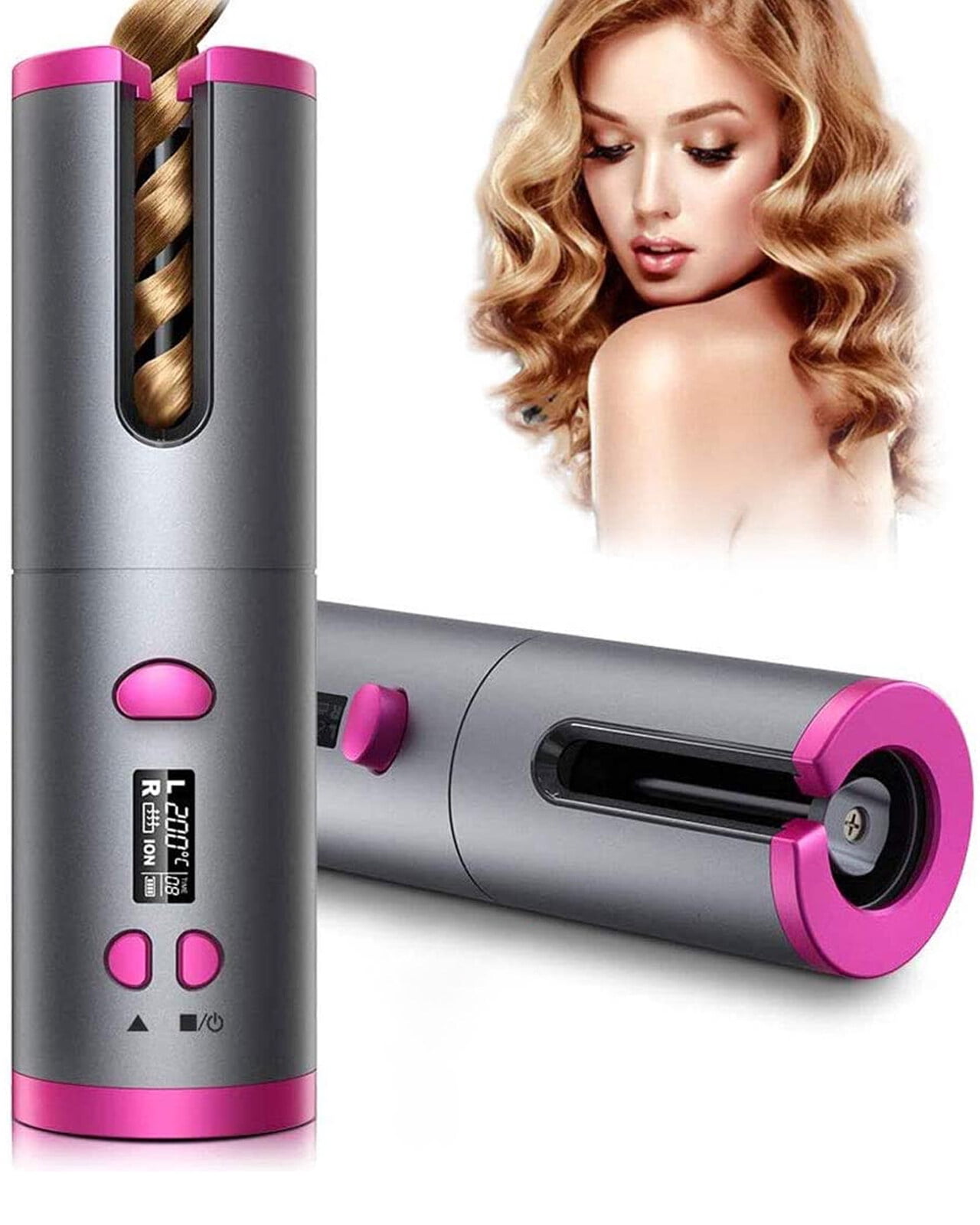 Unbound Cordless Auto Rotating Ceramic Hair Curler USB Rechargeable Automatic Curling Iron LED Display Temperature Wave Curler Gray Color