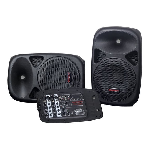 Ultra compact portable PA system w/2 speakers w/Bluetooth & 8-channel powered mixer w/(2x) 2 18 Foot Speaker Cables