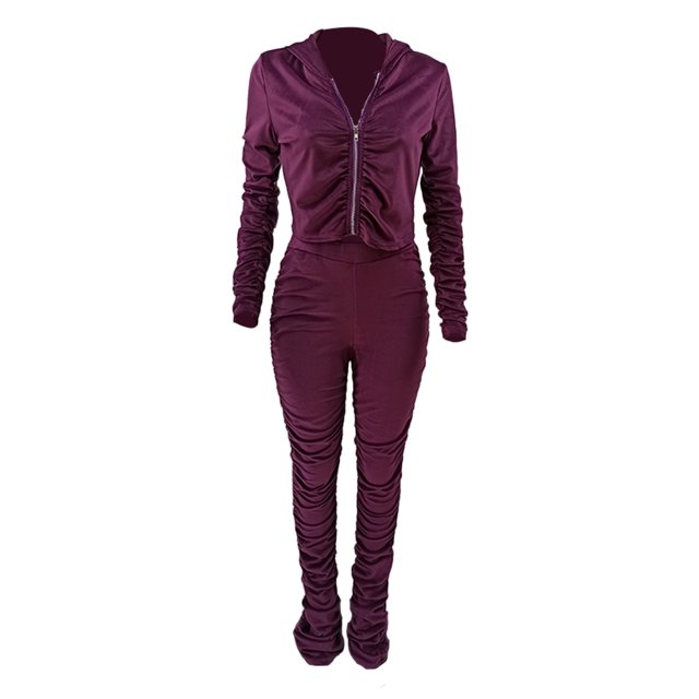 Honganda Slim Pleated Zipper Hooded Top and Pants Two-piece Suit