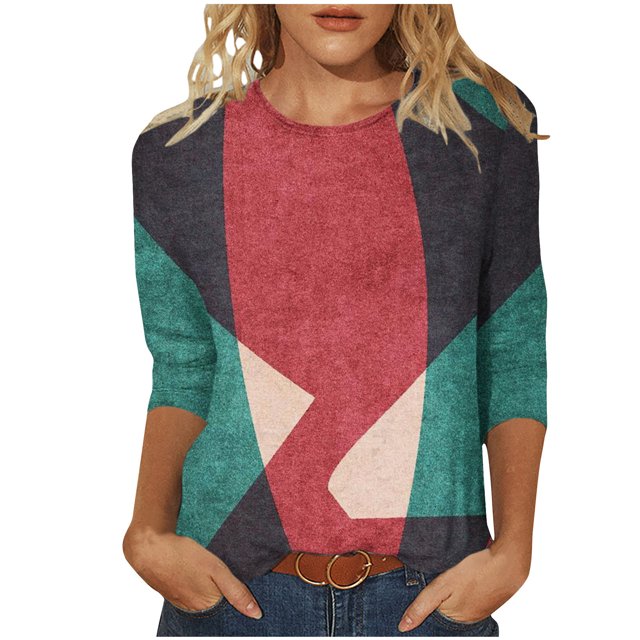 HKEJIAOI T-Shirts à Manches 3/4 pour Femmes Col Ras du Cou Imprimé Floral Haut Femme à Manches Trois-Quarts m