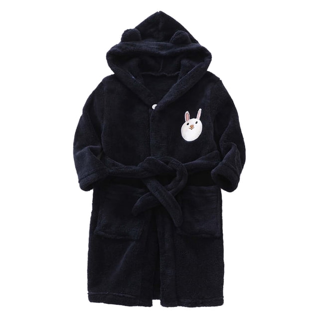 JIRNDfCA Boys Robe With Hood Soft Cute Cartoon Bathrobe Long Sleeve Facecloth Rabbit Warm Kids Robe Children Sleepwear Navy 6-7 Years