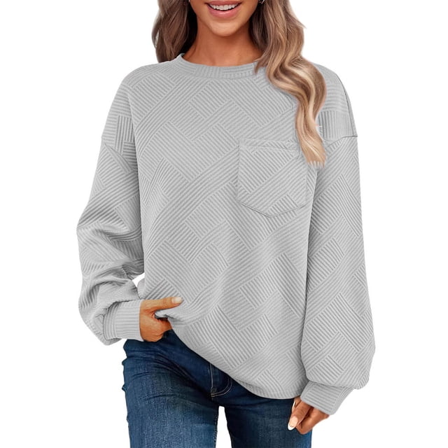 Chandail en Molleton Ultra Doux Texturé pour Femmes Col Rond Manches Longues Tuniques Blouses avec Poches Confort Décontracté Athlétique Chandail Blouses Tenues Automne Hiver
