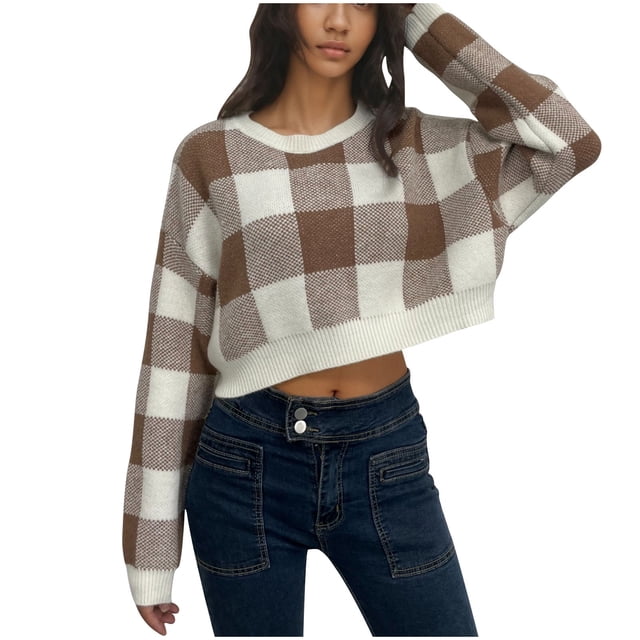 cfhntfmh Cropped Sweaters for Women 2024 Fall Trendy Oversized Sweaters Long Sleeve Round Neck Pullover Tops