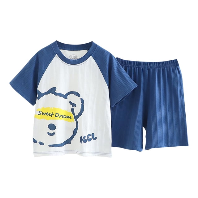 Ensemble Deux Pièces à Manches Courtes pour Garçons, Pyjama en Coton Respirant avec Haut à Col Rond et Short, Tenue de Nuit à Rayures Bleues pour 3 à 16 Ans