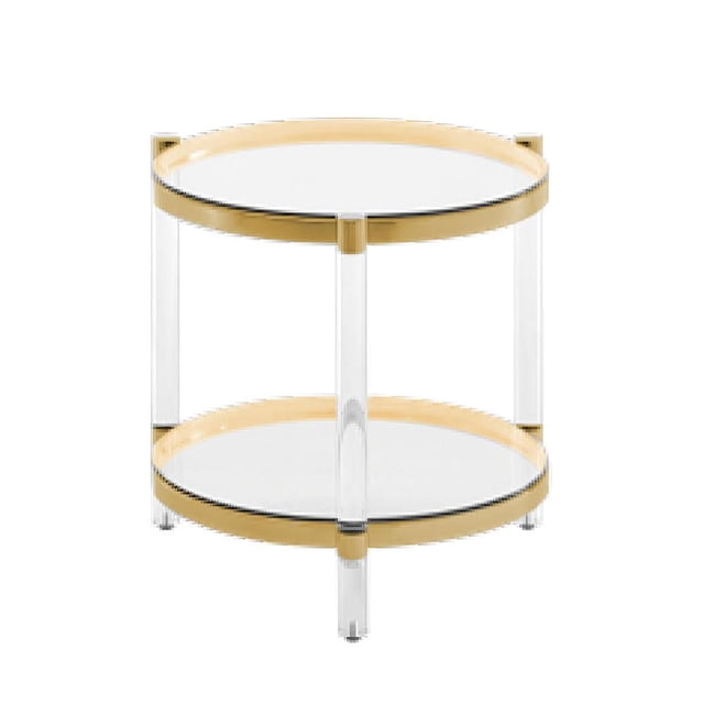 Home Gear Table d'Appoint Dorée avec Dessus Rond en Verre Trempé et Tablette, Supportée par des Pieds Tubulaires Transparents en Acrylique et un Cadre en Acier Inoxydable Doré Mat, Idéale pour l'Utilisation comme Table d'Appoint de Salon et Convient à l'Exposition d'Articles Décoratifs.