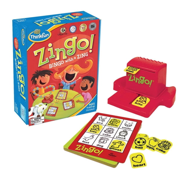 Thinkfun - Zingo! kids and family card game featuring a red Zingo! Zinger tile dispenser, double-sided game cards with images and words like bird, kite, and ghost, plus yellow matching tiles, designed for early readers aged 4 and up to build word recognition and matching skills.