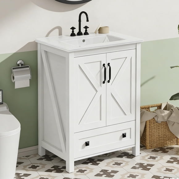 Yiwa 24" Freestanding Bathroom Vanity, Modern Wood Cabinet with Ceramic Vessel Sink, Soft-Close Door and Spacious Storage Drawer