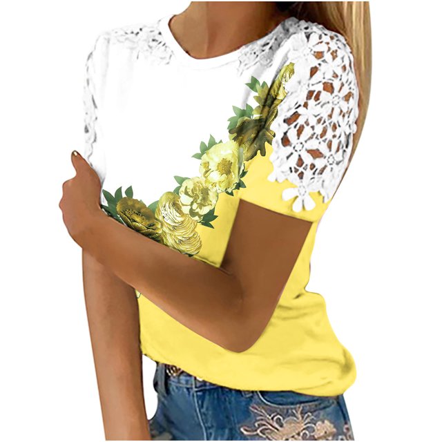 Birdeem Women Printing Short Sleeve Round Neck Pullover Lace Tops Shirts Blouse