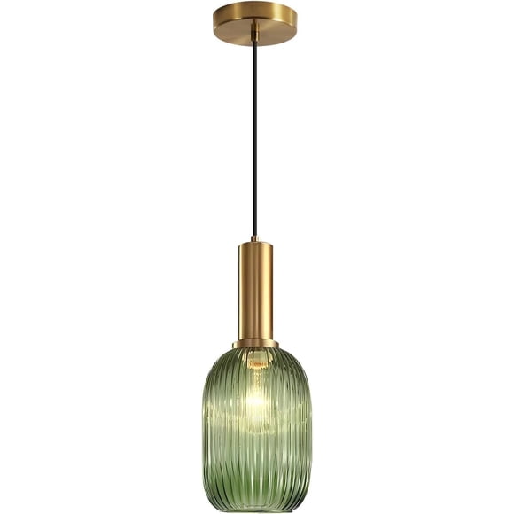 KCO Lighting Green Ribbed Glass Pendant Light Kitchen Island Small Antique Brass Ceiling Pendant Light Mid Century Dining Room Hanging Light Fixture